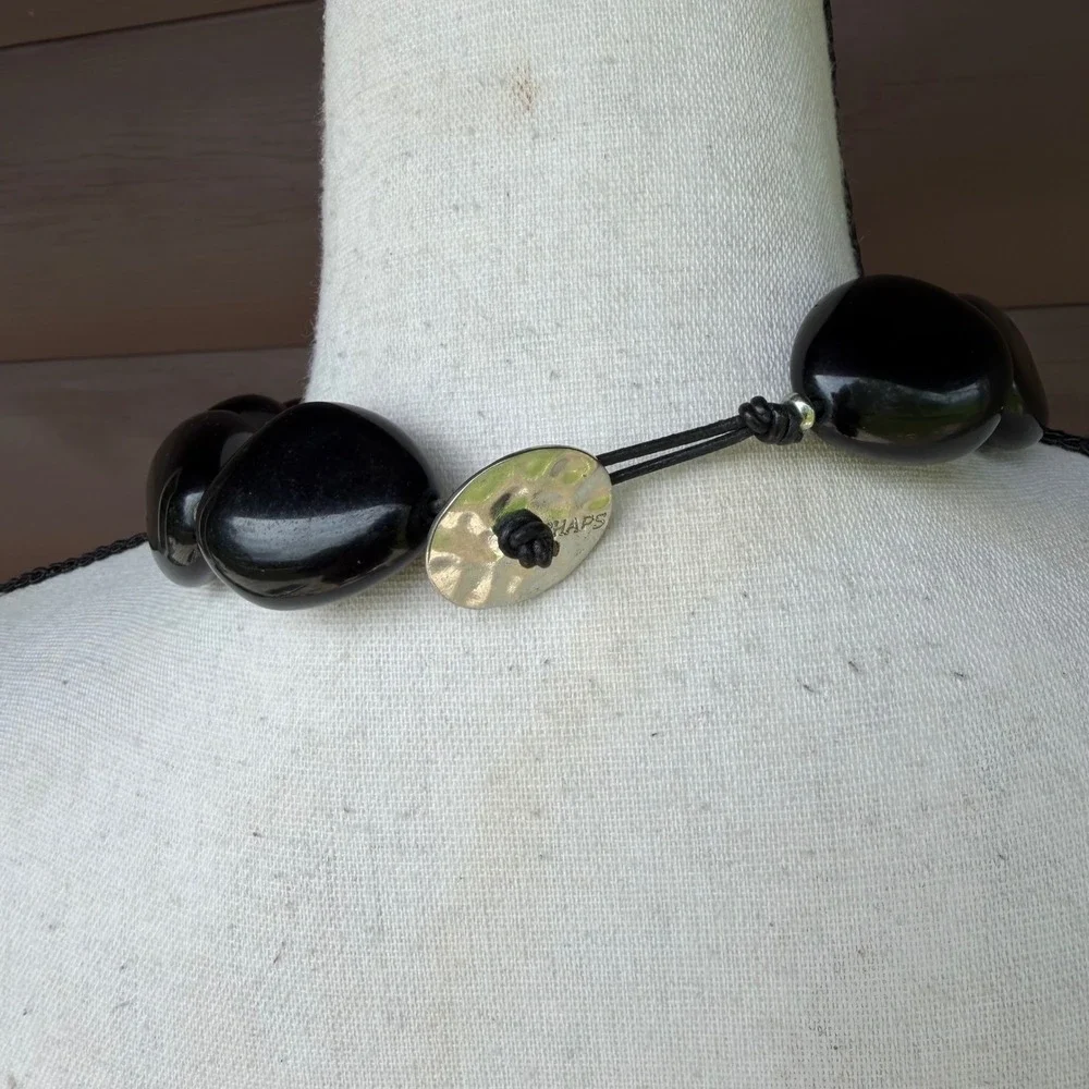 Chaps Chunky Bead Statement Necklace Women Black Organic Shape Toggle Closure